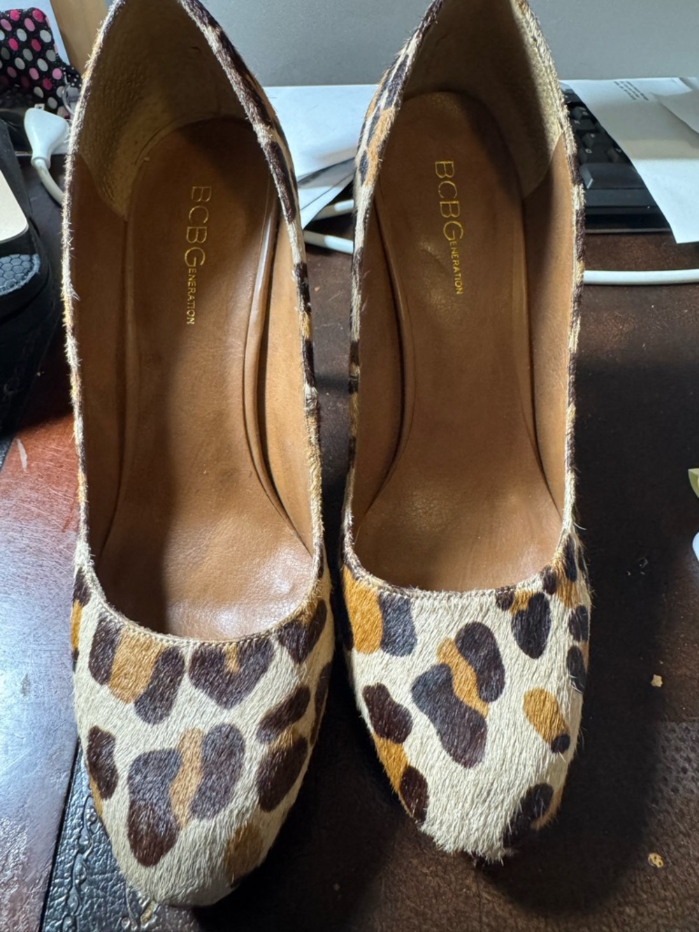BCBGeneration Leopard-Print Pointed Toe Pumps in Brown and Cream